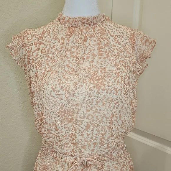 Oasis Peach Cream Patterned Flutter Sleeve Pleated Skirt Midi Spring Dress Sz 12 - Picture 2 of 9